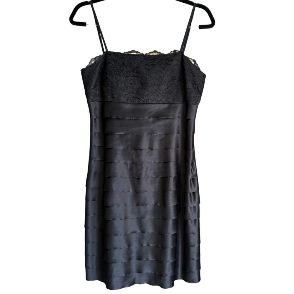 90’s Black Lace Satin Tiered Sleeveless Mini Dress Sz 10P Formal LBD Evening
